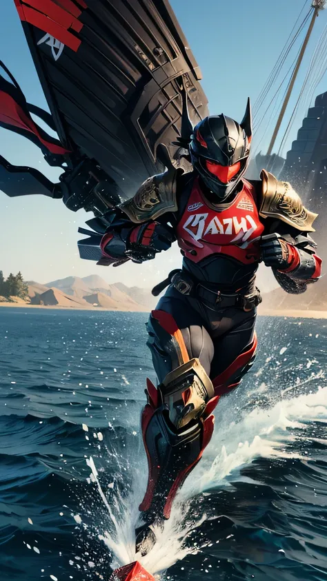 Armor Musha, Ride a jet ski, Brandishing a weapon, Fly the flag, Running through the grasslands, speed lines, anatomically correct, textured skin, super detail, high details, best quality, UHD