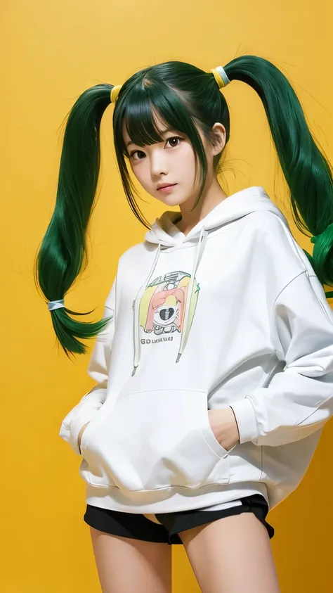 Short Twin Tails、Green Hair、cute、kind、Healing、White hoodie、put hands on hips、Japanese anime style illustration、1 person、Yellow background