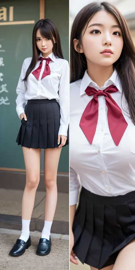 Japanese women, 23 years old, Above Orihime, Very huge_chest, standing, Alone, School_Uniform_white_shirt_red_Bowtie_gray_mini skirt, masterpiece, Best Quality, Detailed face, Detailed eyes, High resolution, (((whole body))), ((black student loafers)), ((V...