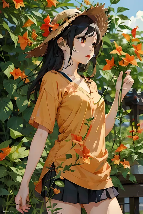(masterpiece, Best Quality:1.2), One Girl、Trumpet Creeper Flower、Flower branch, Blur the background、Blank background、