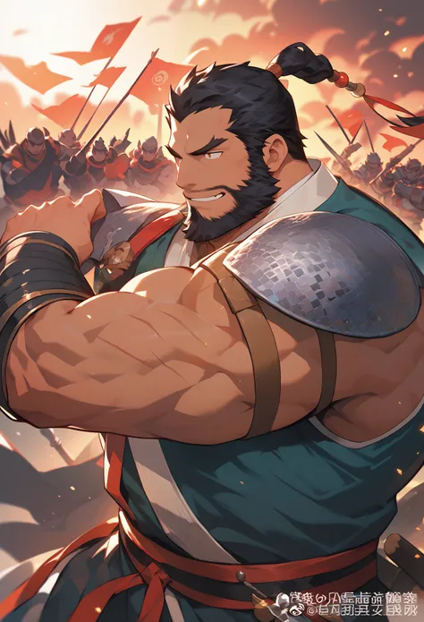 Zhang Fei from Romance of the Three Kingdoms, black hair, beard, muscular, thick, battlefield