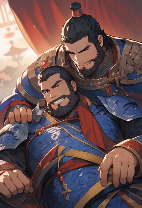 Cao Cao and Dian Wei from Romance of the Three Kingdoms, black hair, beard, blue armor, Dian Wei is thick, Cao Cao is muscular, royal bedroom