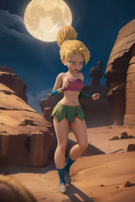 Caulifla ,1girl , anime , masterpiece  , Saiyajin blonde hair, jaqueta aberta open clothes ,flat  chest  , bra,  pantie  , long socks,  angry agressive ,sexy . Background moon . Flying . 