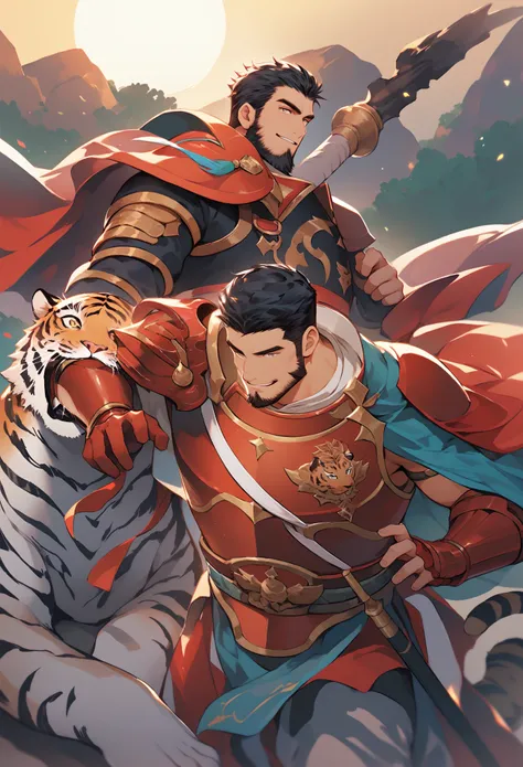 Sun Ce and Sun Quan from Romance of the Three Kingdoms, black hair, beard, red armor, rocky terrain, tiger