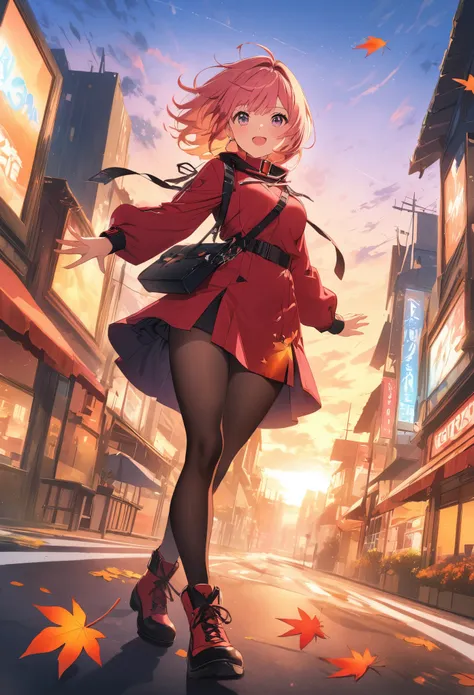 (masterpiece), (Best Quality), (Super detailed), (High resolution 8K), (Absurd), (High aesthetic sense), (Absolute Resolution), Dynamic pose, pretty girl, Manga touch, mini skirt, Black tights, Short coat, Shy, Beautiful Eyes, Autumn leaves, Autumn sky,A r...