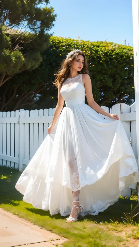 arafed super beautiful woman in a white dress standing in front of a fence, intricate white dress, white lace dress, white dress, full body white dress, wearing white dress, pretty white dress, wearing a white dress, white lace clothing, long white dress, ...