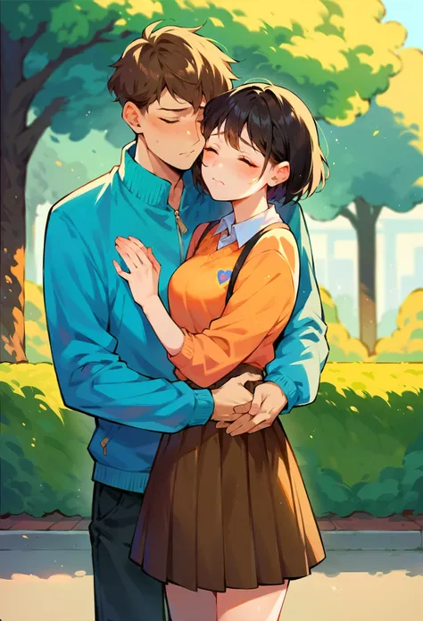 black hair woman in skirt, Short brown hair male, hug,park,shy,Jacket,Put your hands on your waist