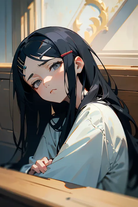 ((best quality)), ((masterpiece)), (detailed), 1girl, stunning, upper body, long hair, black hair, strands of hair, hairclips, grey eyes, resting head. tired expression, stoic expression, refined, dim lighting