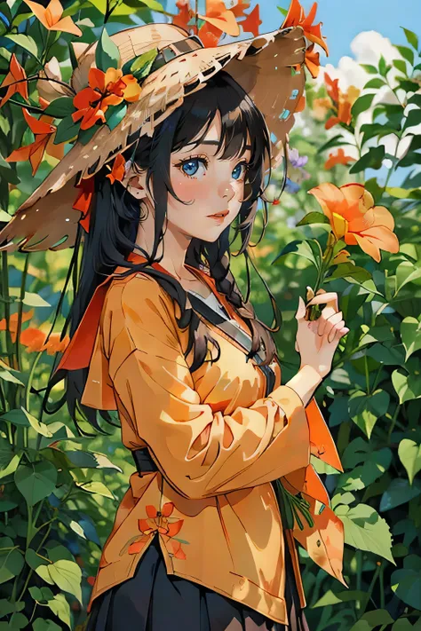 (masterpiece, Best Quality:1.2), One Girl、Trumpet Creeper Flower、Flower branch, Blur the background、Blank background、