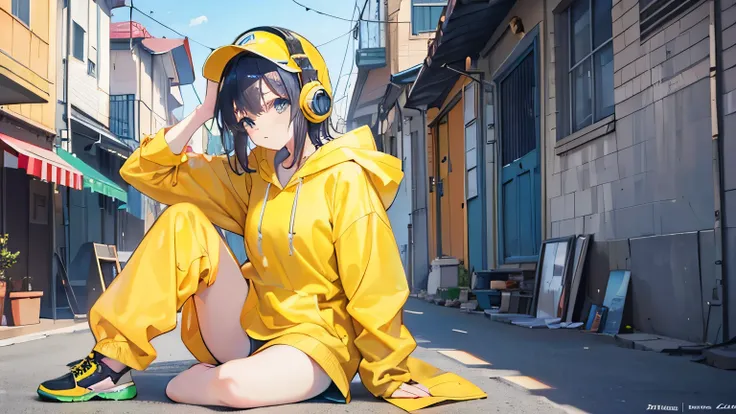 listening to music on headphones、Wearing a yellow baggy hoodie、A beautiful girl is sitting in a sunny alley