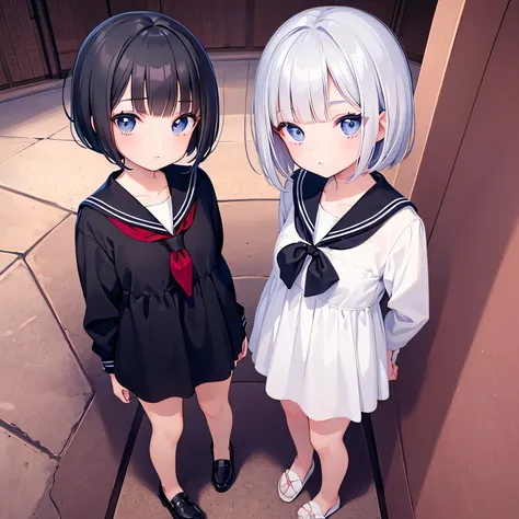 (masterpiece:1.3),(best quality:1.3),(high resolution:1.2),2 girls,Sailor suit,Silver-haired bob cut girl,Girl with black hair and ponytail,Detailed Anime,8k,medium breasts,Black Eyes,big eyes,full body,bob cut,short cut,Beautiful eyes,Young face,Baby Face...