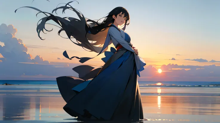 Cinematic 3D realistic japanese anime image.
"A young woman with black hair stands on a cliff at dawn, the wind gently blowing through her long black hair. She is now dressed in a clean, flowing light-blue gown that shimmers in the early morning light. Her...