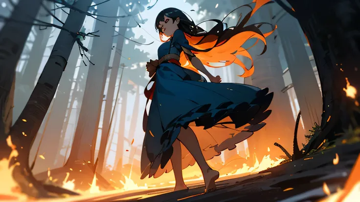 Cinematic 3D realistic japanese anime image.
"A young woman with black hair walks through a forest engulfed in flames. Her once-light blue dress is now singed and tattered, and her bare feet step over smoldering embers. Her long black hair flies wildly aro...