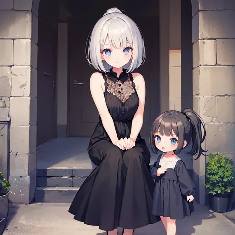 (masterpiece:1.3),(best quality:1.3),(high resolution:1.2),2 girls,Silver-haired bob cut girl,Girl with black hair and ponytail,Detailed Anime,8k,medium breasts,Black Eyes,big eyes,full body,bob cut,short cut,Beautiful eyes,Young face,Baby Face, sleeveless...