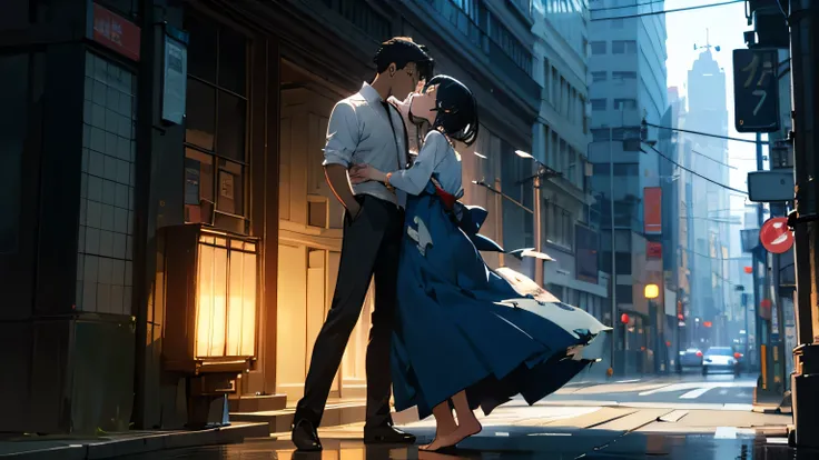 Cinematic 3D realistic japanese anime image.
"A young woman still wearing her blue dress but now torn at the hem, stands in a dimly lit alley, her bare feet scuffed and dirty. She looks up at the man, now in a white shirt that’s slightly unbuttoned and wor...