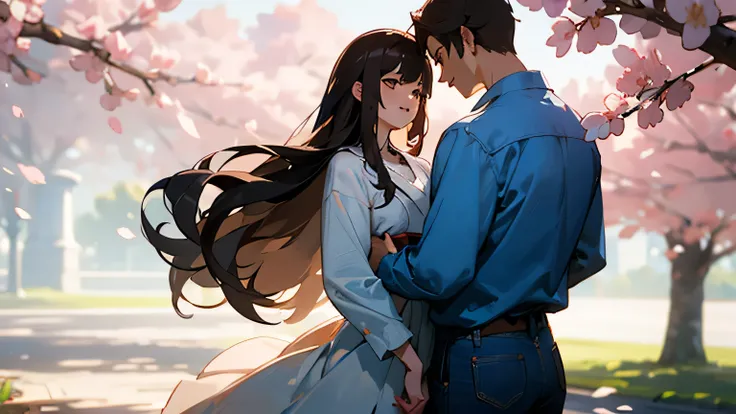 Cinematic 3D realistic japanese anime image.
"A young woman with long, straight black hair cascading down her back, wearing a flowing light-blue dress with long sleeves, stands in a serene park. Her skin is fair, her large almond-shaped eyes sparkle with h...