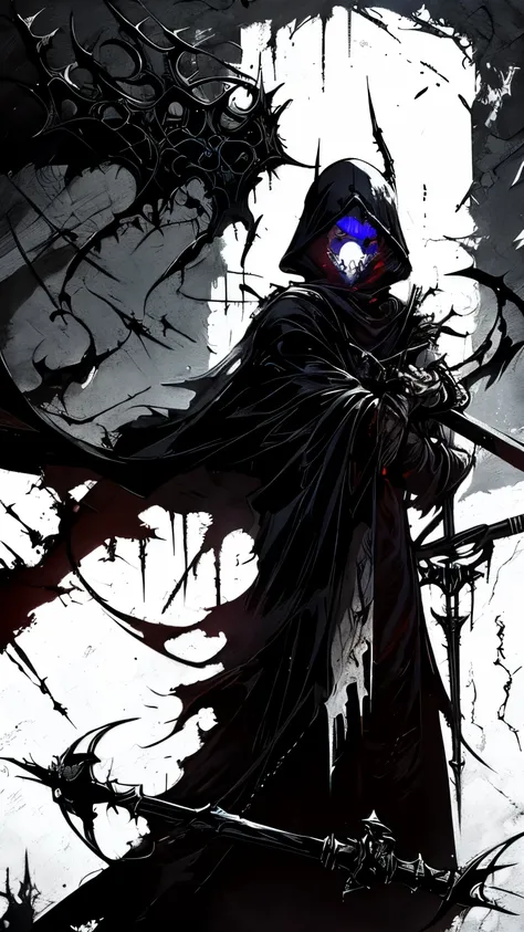 cyberpunk style grim reaper, black and white graffiti illustration red blood spattered, have a scythe , glowing eyes,