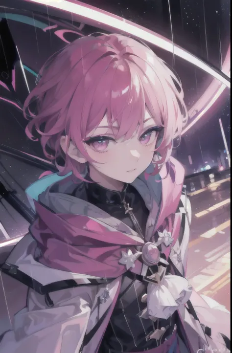 1 boy, with vibrant makeup, in a night city covered by heavy rain, wearing a elegant pink coat, looking up with a confident expression.