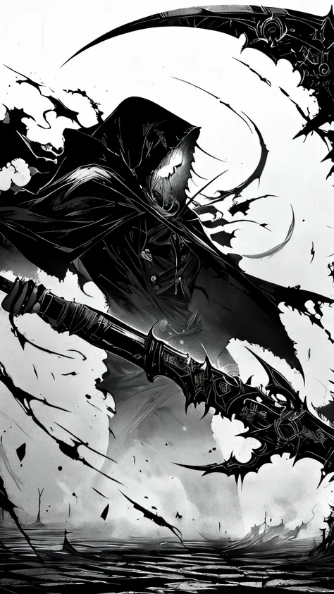 cyberpunk style grim reaper, black and white graffiti illustration red blood spattered, have a scythe , glowing eyes,