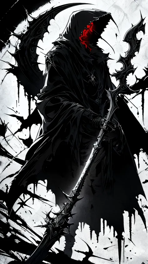 cyberpunk style grim reaper, black and white graffiti illustration red blood spattered, have a scythe , glowing eyes,