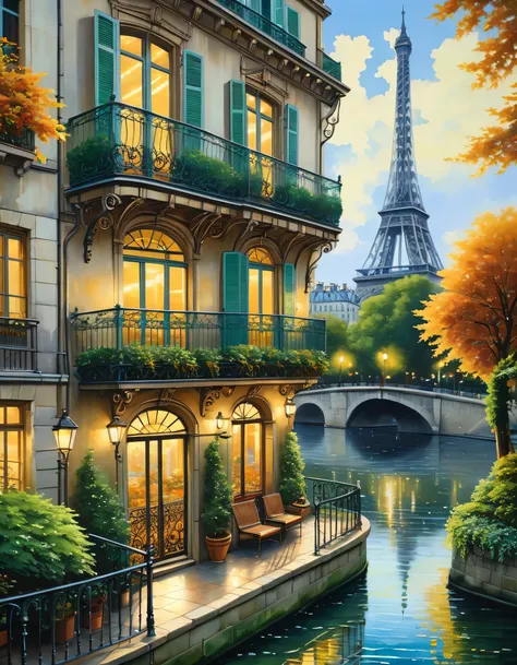 A poetic picture of Paris, At the end of summer when the leaves start to fall、Romantic style of the 1960s in France, Oil painting on canvas, Realistic, Highly detailed and intricate cityscapes, Volumetric lighting, A couple sitting on the Seine, This inclu...