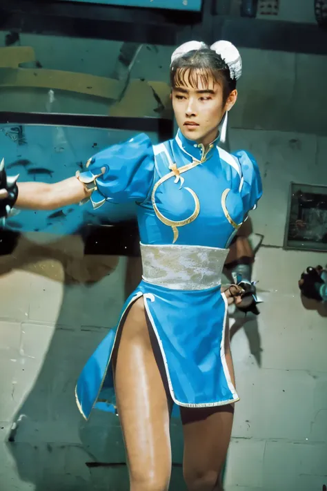 A powerful blow hit him in the stomach and knocked him backwards.., The impact caused it to float in the air, Scream in intense pain, Anguished expression, Anguished expression, Chunli, Silver Costume, High image quality, The face is drawn in detail and wi...