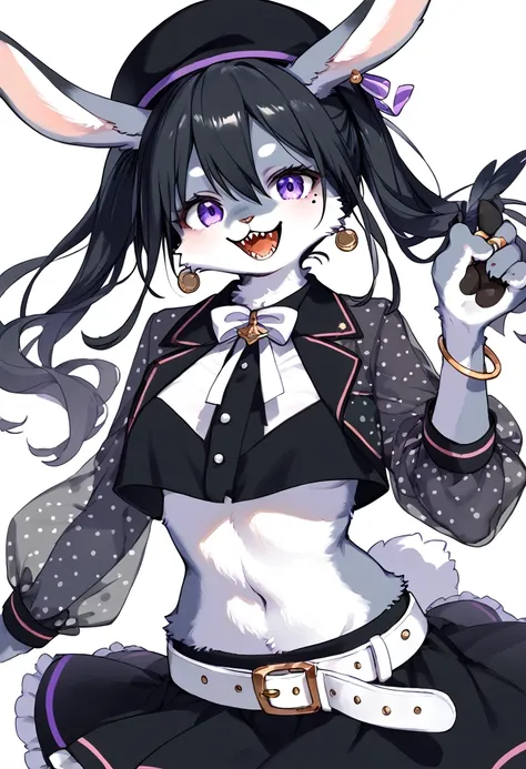 score_9, score_8_up, score_7_up, score_6_up, score_5_up, score_4_up, source_anime, best quality, amazing quality, very aesthetic, absurdres, 1 female, (furry, kemono:1.3), rabbit, solo, sharp teeth, teeth, skirt, mole under eye, black hair, jewelry, hat, m...