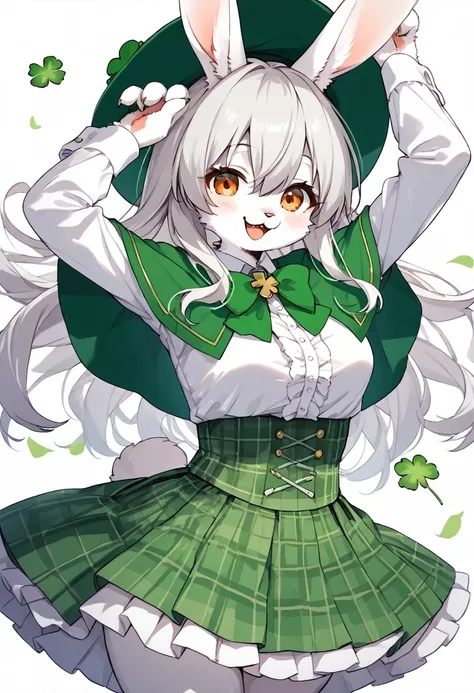 score_9, score_8_up, score_7_up, score_6_up, score_5_up, score_4_up, source_anime, best quality, amazing quality, very aesthetic, absurdres, 1 female, (furry, kemono:1.3), rabbit, solo, skirt, hat, green capelet, smile, long hair, blush, capelet, long slee...