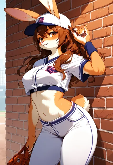 score_9, score_8_up, score_7_up, score_6_up, score_5_up, score_4_up, source_anime, best quality, amazing quality, very aesthetic, absurdres, 1 female, (furry, kemono:1.2), rabbit, breasts, baseball_cap, baseball_uniform, breasts, brick_wall, brown_eyes, br...