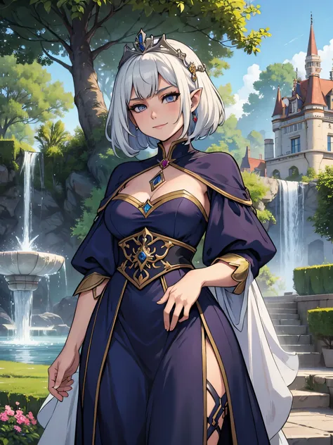 Hounted house  , fountains , garden , , anime picture of a woman in a deep  dress , concept art inspired by Li Chevalier, pixiv contest winner, sots art, ((a beautiful fantasy empress)), goddess  lady of silver castle, shadowverse style, high detailed offi...