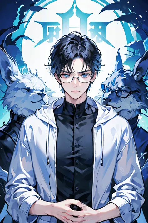 Man with glasses、Sparkling blue eyes、Serious look、Herbivorous、White hoodie、Black Shirt、Black Hair、Quiet Anger、One person、Front View