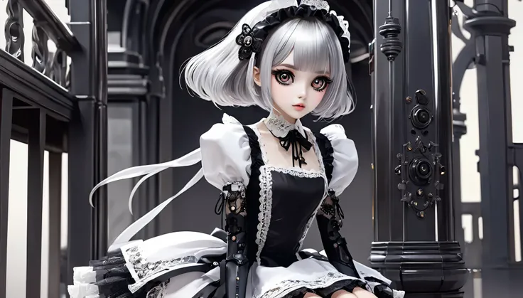 1 girl，robot，personal，big eyes，exquisite facial features，dark eyeshadow，weird makeup，lace maid outfit，silver hair，narrow waist，s...