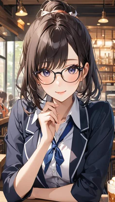 (masterpiece), One Girl, Wearing glasses, (((Cowboy Shot))), Black Hair, older sister, Tie your hair in a ponytail, Smile at the speaker, High-quality images, school uniform, beautiful girl, Cafe