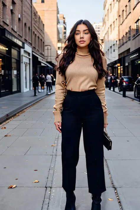 “Imagine scrolling through TikTok and stumbling upon this breathtaking autumn fashion look: a stunning model with flawless, soft waves in her hair, dressed in a cozy yet chic outfit. She’s rocking a deep burgundy turtleneck tucked into high-waisted beige t...