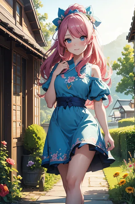 Create a highly detailed and visually striking illustration of Dawn from Pokémon. She is depicted standing gracefully in a picturesque setting, wearing her signature blue frock that complements her character design. Dawns expression features a playful aheg...