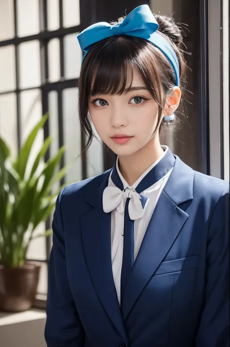 She has short black hair with blue highlights.、She wears an elegant uniform-style outfit in dark blue and black.。Big, bright blue eyes are striking、There is a slight redness on the cheeks、It gives a modest impression。She has a soft smile、It creates a warm ...