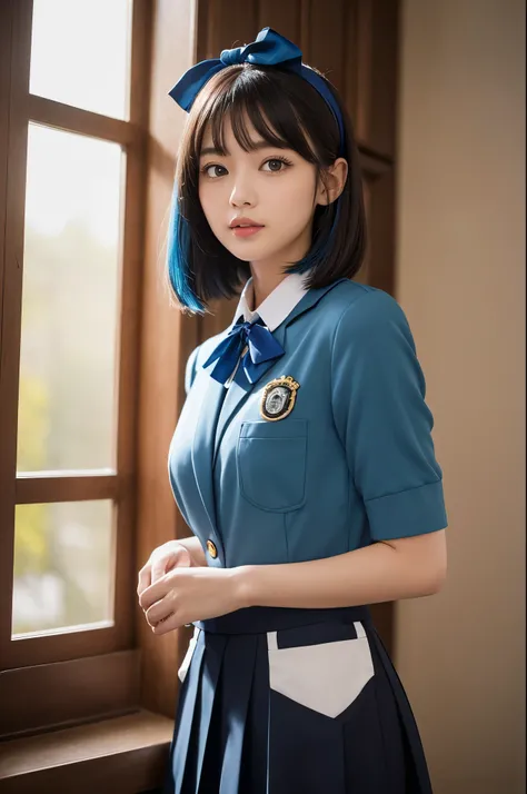 She has short black hair with blue highlights.、She wears an elegant uniform-style outfit in dark blue and black.。Big, bright blue eyes are striking、There is a slight redness on the cheeks、It gives a modest impression。She has a soft smile、It creates a warm ...