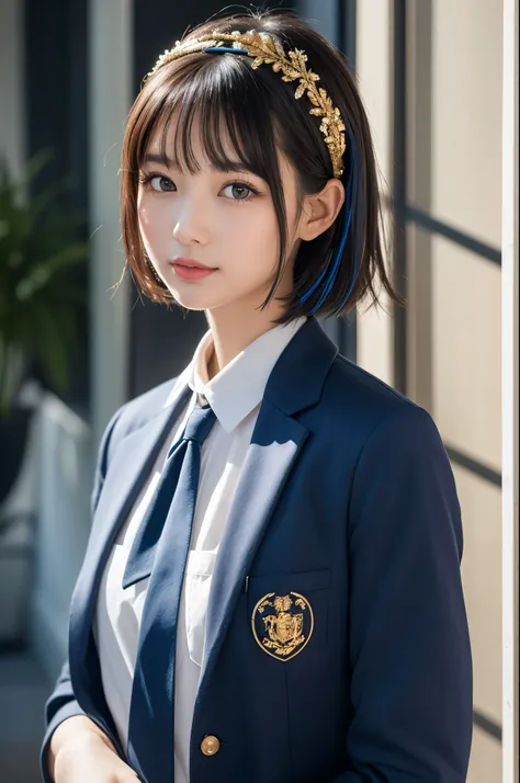 She has short black hair with blue highlights.、She wears an elegant uniform-style outfit in dark blue and black.。Big, bright blue eyes are striking、There is a slight redness on the cheeks、It gives a modest impression。She has a soft smile、It creates a warm ...