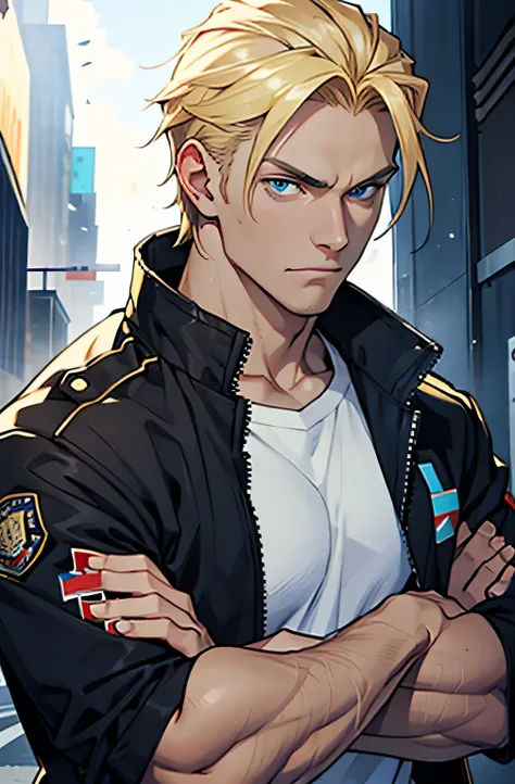 man, American, White, blonde, blue eyes, black jacket, arms crossed.