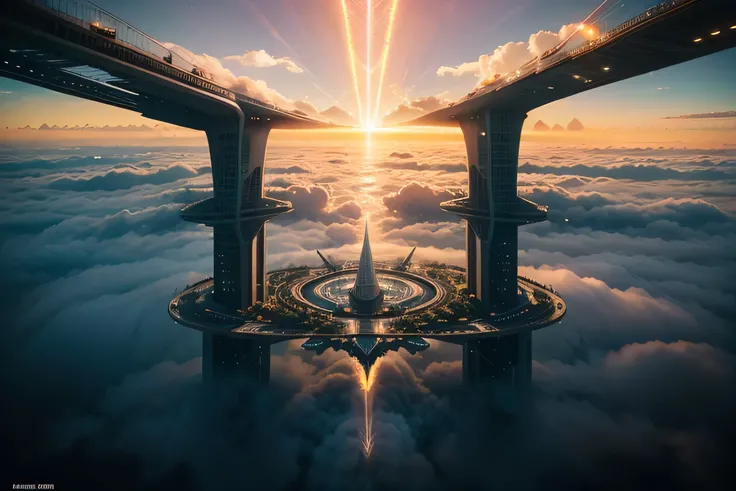 A surreal photograph of a futuristic city floating in the sky, with towering glass skyscrapers connected by bridges made of light. The buildings are suspended above a swirling sea of clouds, reflecting a brilliant sunset with hues of orange, pink, and blue...