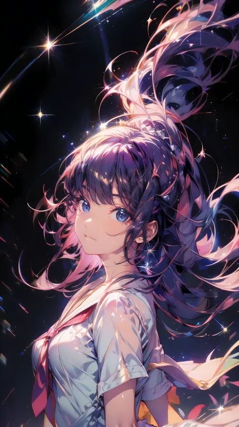 (masterpiece), high detail, Super detailed, Ultra-high resolution, 4K, Shining like a star, Floating in the night sky, Cool look, Watching over us, Shining Star々, Bringing Happiness, Wearing a sailor uniform, High school girl, Jewel-like purple hair, Spark...
