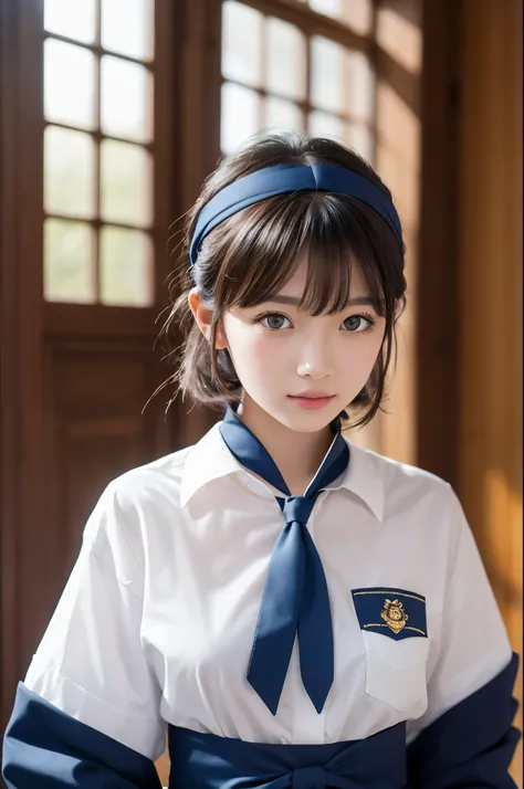 She has short black hair with blue highlights.、She wears an elegant uniform-style outfit in dark blue and black.。Big, bright blue eyes are striking、There is a slight redness on the cheeks、It gives a modest impression。She has a soft smile、It creates a warm ...