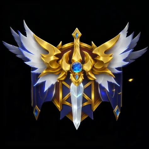 close up of a gold and blue badge with wings, exquisite texture:1.1)，exquisite texture，league of legends inventory items，stylize...