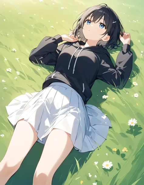 Black Hair、short hair、Black hoodie、White Skirt、１People Girls、Clear sky、bank、Lying on the grass、Look up at the sky and point one hand towards the sun