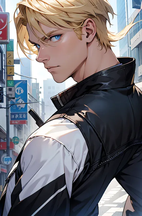 man, American, White, blonde, blue eyes, black jacket, Looking back.