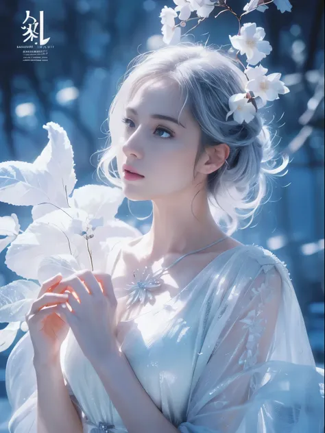 (((masterpiece))), best quality, illustration, 4k wallpaper, movie lighting, absurd, 1 girl,(snow,ice), snow花, in winter, white hair, shiny hair, curls, transparent clothes, frills, lace, wet clothes, leave_Shoulder, hair tie,masterpiece, telephoto lens, a...