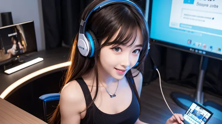 realistic,, japanese long wavy hair in the end, beautiful bang, blue eyes, ((wearing tight tanktop)), short pants, korean girl , monitor, flat chest, (beautiful bang), computer,, ((highlight cheerful smile)),,, gaming set, table, classic theme setting, HEA...