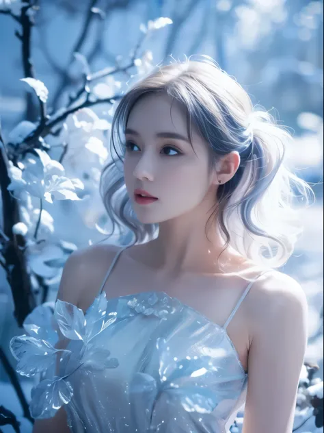 (((masterpiece))), best quality, illustration, 4k wallpaper, movie lighting, absurd, 1 girl,(snow,ice), snow花, in winter, white hair, shiny hair, curls, transparent clothes, frills, lace, wet clothes, leave_Shoulder, hair tie,masterpiece, telephoto lens, a...