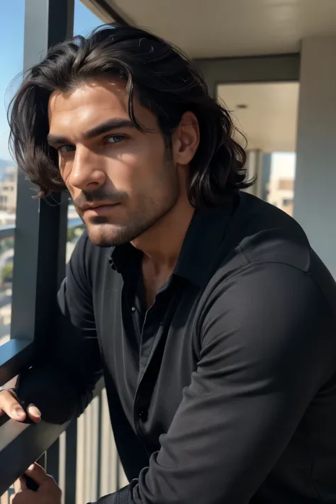 ((close-up face)). Photorealism, handsome man with strong jawline and perfect nose like a greek god, dark thick touseled hair, stunning and captivating dark bluish gray eyes wearing casual black longsleeve shirt opened button neckline, black sleek pants, n...