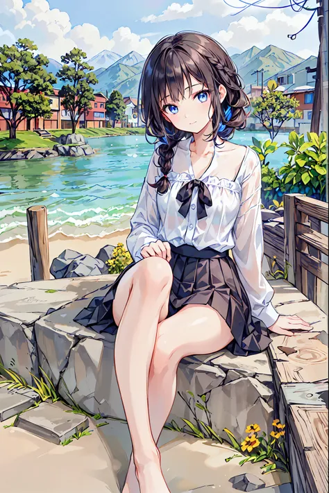 Please redeem，Beautiful face in every detail，cute，Dark brown eyes，(背の低いcute女の子，Young student，Young and delicate girl）,（masterpiece，Please redeem)，Black Hair，Sleepy look，Checkered black skirt，Brown Hair，Shortcuts，Messy Hair，Short braided hair，Neat，Slender b...